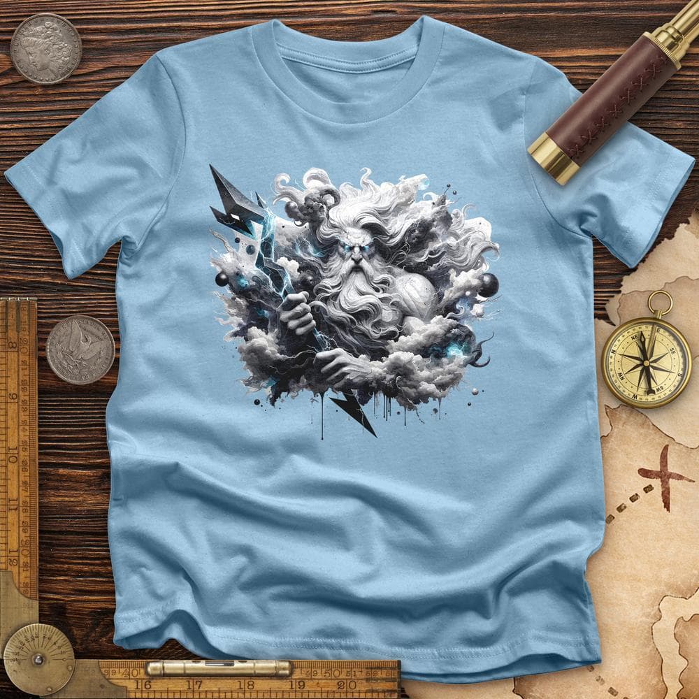 A Powerful Zeus Holding a Lightning Bolt T-Shirt