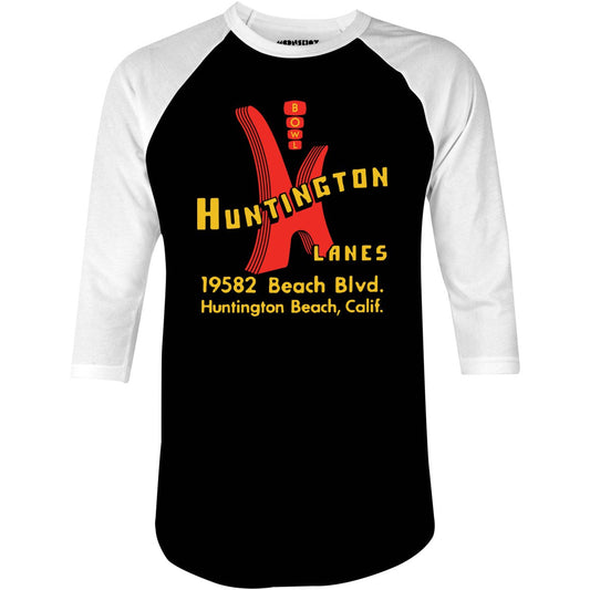 Huntington Lanes - Huntington Beach, CA - Vintage Bowling Alley - 3/4 Sleeve Raglan T-Shirt