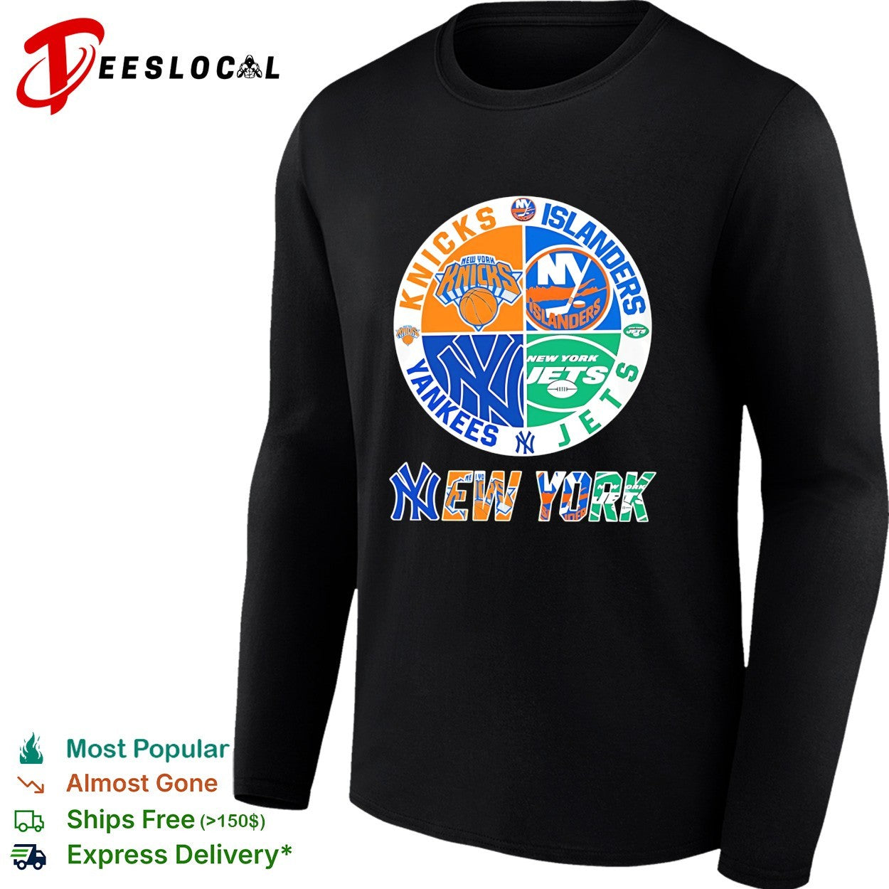 New York Knicks Islanders Yankees Jets four teams quadrant circle logo shirt