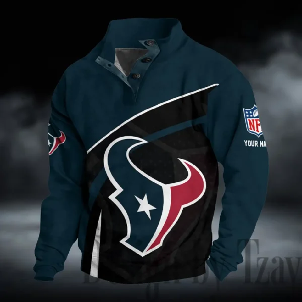 Texans Buttoned Collar Sweatshirt With Custom Name