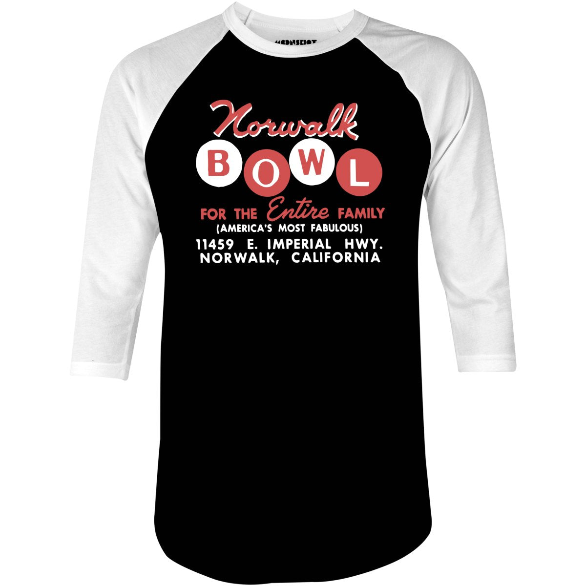 Norwalk Bowl - Norwalk, CA - Vintage Bowling Alley - 3/4 Sleeve Raglan T-Shirt