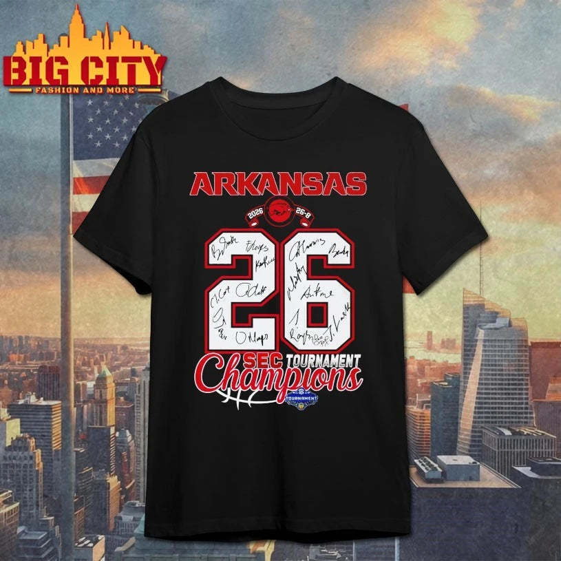 Official Arkansas Razorbacks 2026 Sec tournament champions 26 signatures T-shirt