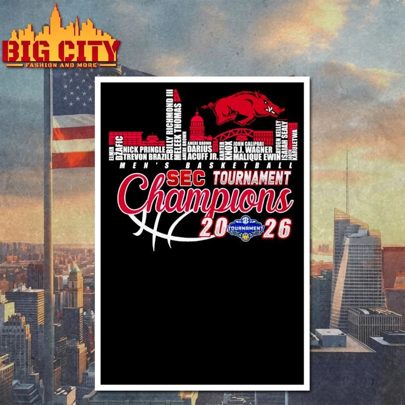 Official Arkansas Razorbacks men’s basketball 2026 sec tournament champions name sky line T-shirt