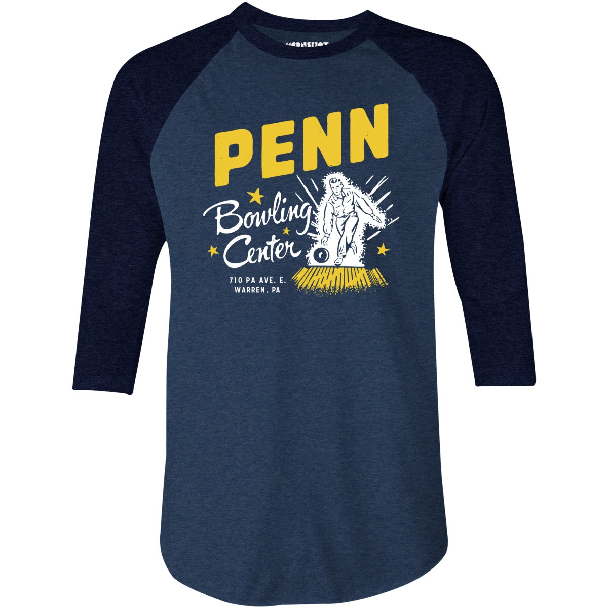 Penn Bowling Center - Warren, PA - Vintage Bowling Alley - 3/4 Sleeve Raglan T-Shirt