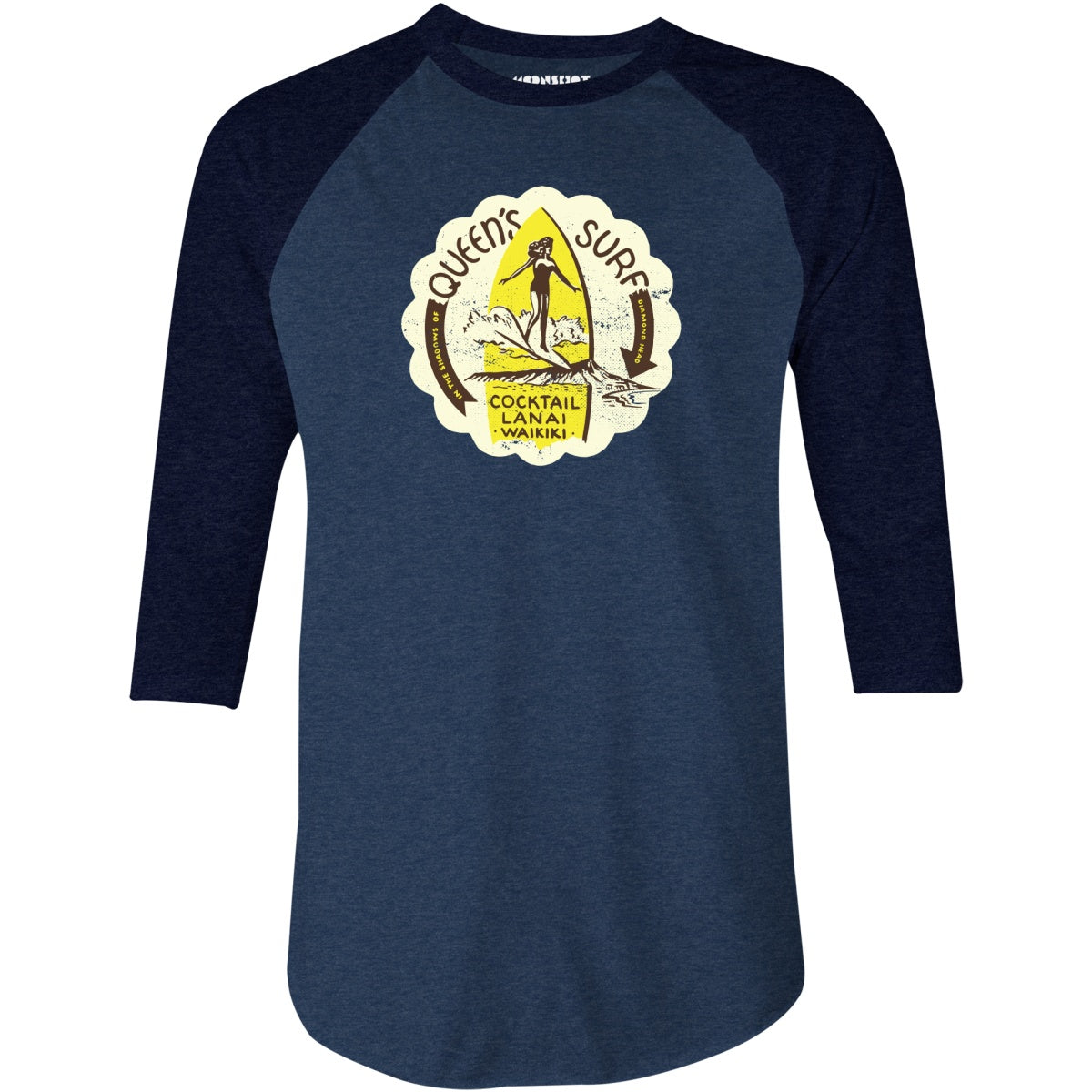 Queen's Surf - Waikiki, HI - Vintage Tiki Bar - 3/4 Sleeve Raglan T-Shirt
