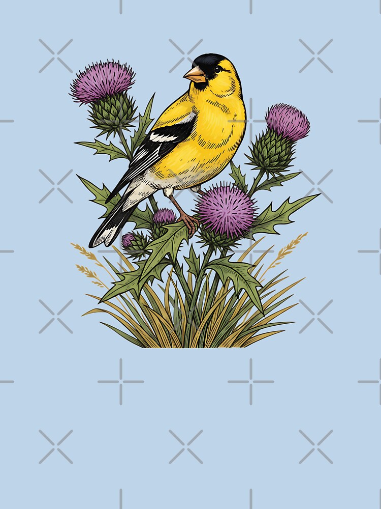 American Goldfinch Sitting Among Purple Thistle Bird Art by BirdsnStuff