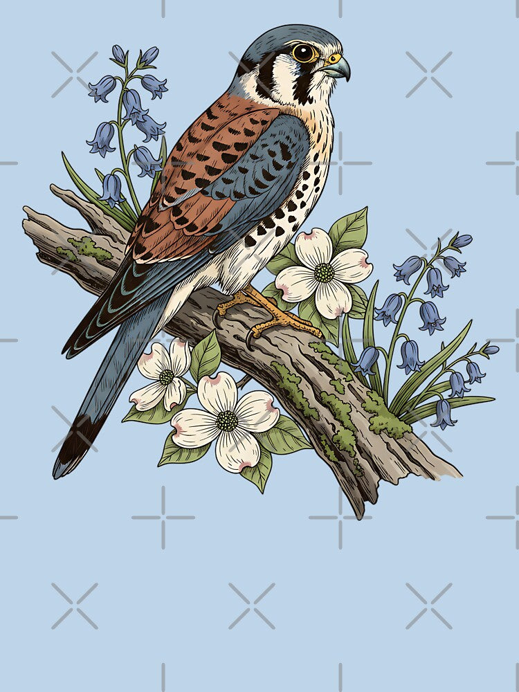 American Kestrel with Bluebells and Dogwood Botanicals by BirdsnStuff