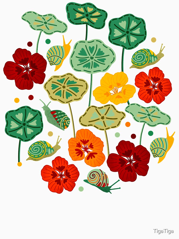 Nasturtiums & Snails On Brown by TigaTiga