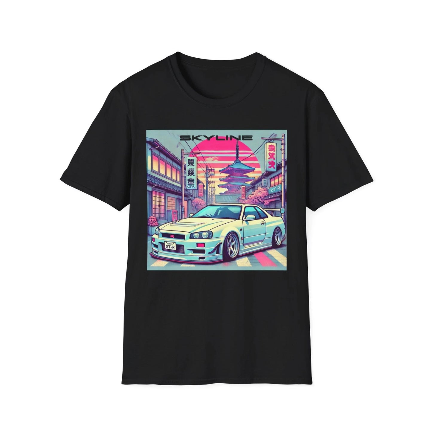Skyline R34 GT-R Tokyo Pagoda Cherry Blossom JDM Vaporwave Graphic T-Shirt