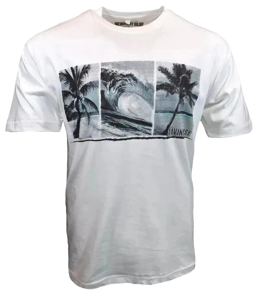 Mens T Shirt-Newport Blue- Size Medium-Palm Trees-Happy Hour-permeant vacation
