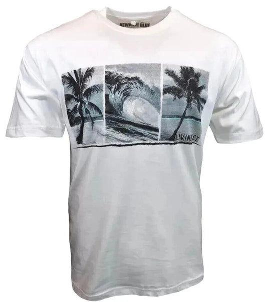 Mens T Shirt-Newport Blue- Size Medium-Palm Trees-Happy Hour-permeant vacation