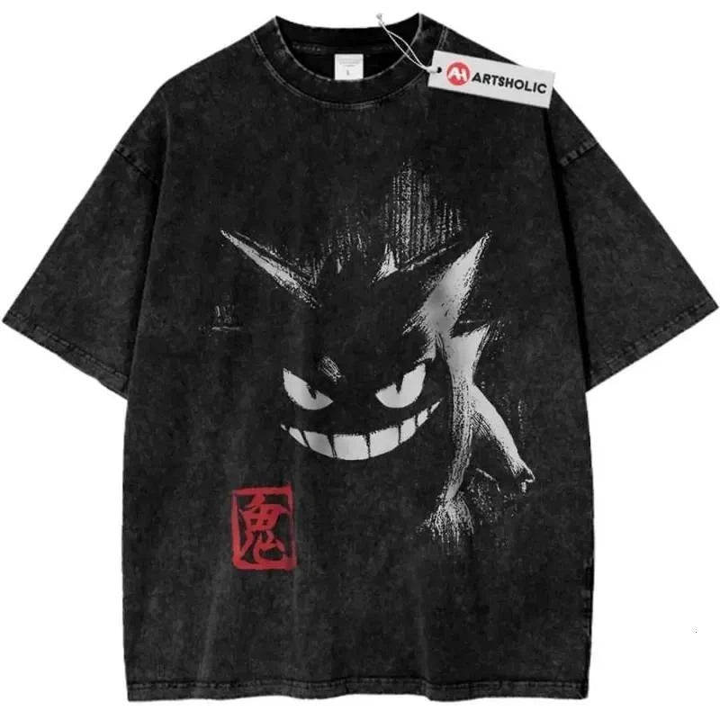 Gengar Anime Graphic Washed T-Shirt Oversized Unisex Streetwear Tee Vintage