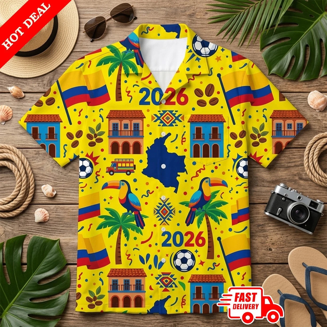 Colombia 2026 Soccer Men Yellow Hawaiian Shirt Aloha Button Down Beach Summer