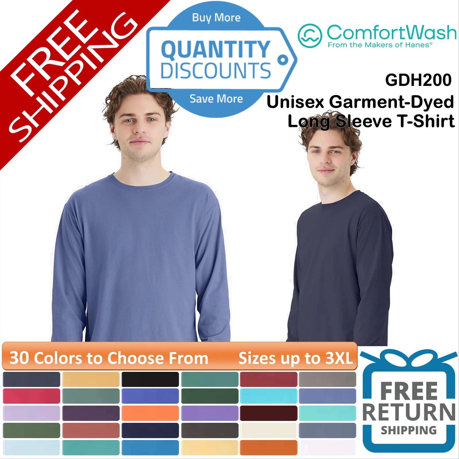 🔥 ComfortWash by Hanes Unisex Garment-Dyed Long Sleeve T-Shirt Up To 3XL GDH200