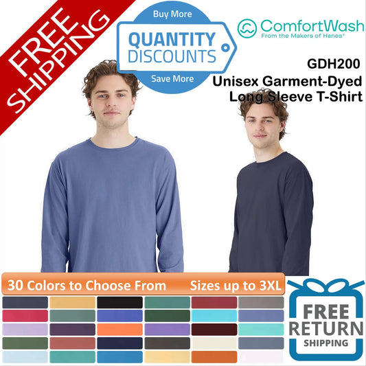 🔥 ComfortWash by Hanes Unisex Garment-Dyed Long Sleeve T-Shirt Up To 3XL GDH200