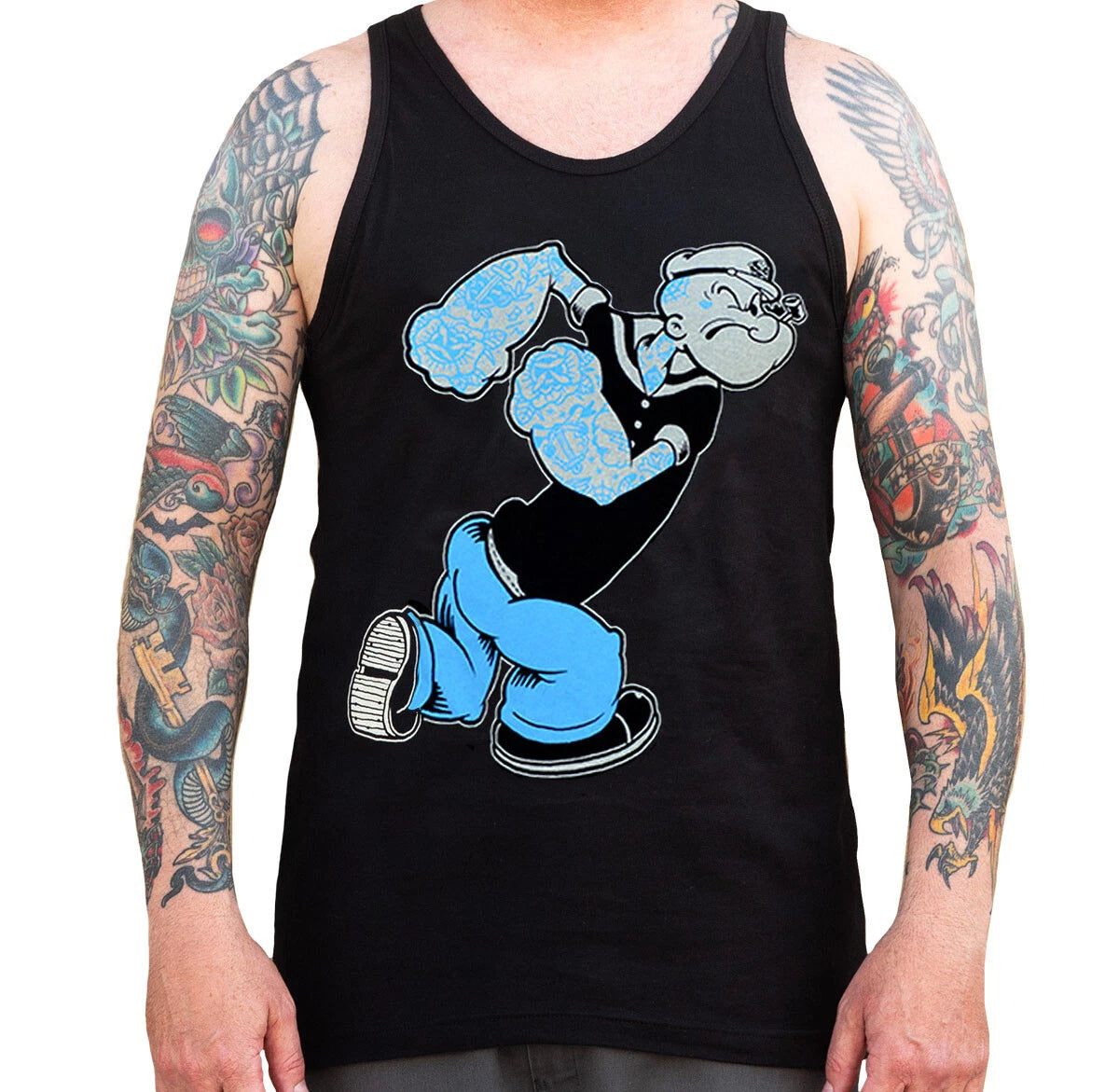 Lowbrow Art Sailor Man Black Tank Top Custom Tattooed Popeye Shirt S-M-L-XL-2XL