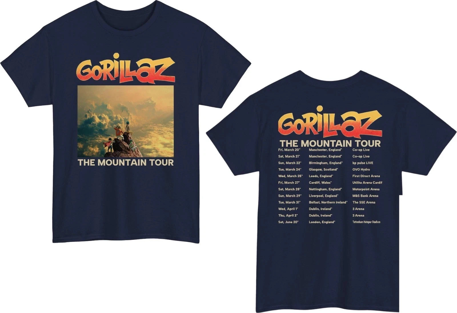 Gorillaz The Mountain Tour T-Shirt Front and Back Print, Gorillaz Band Tour Date