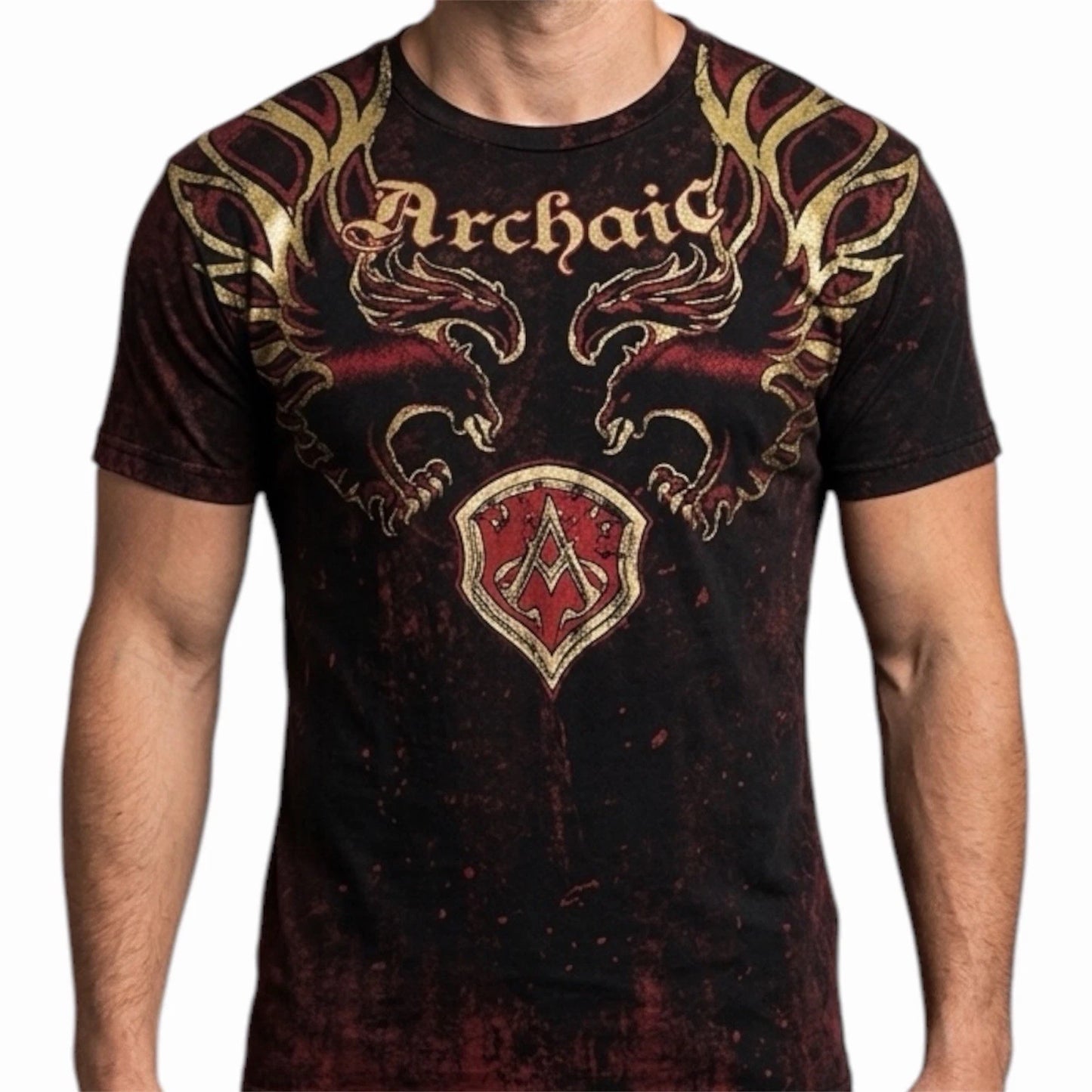 ARCHAIC by AFFLICTION Black Red RIDE IT Short Sleeve Slim Fit Y2K T-shirt NWT