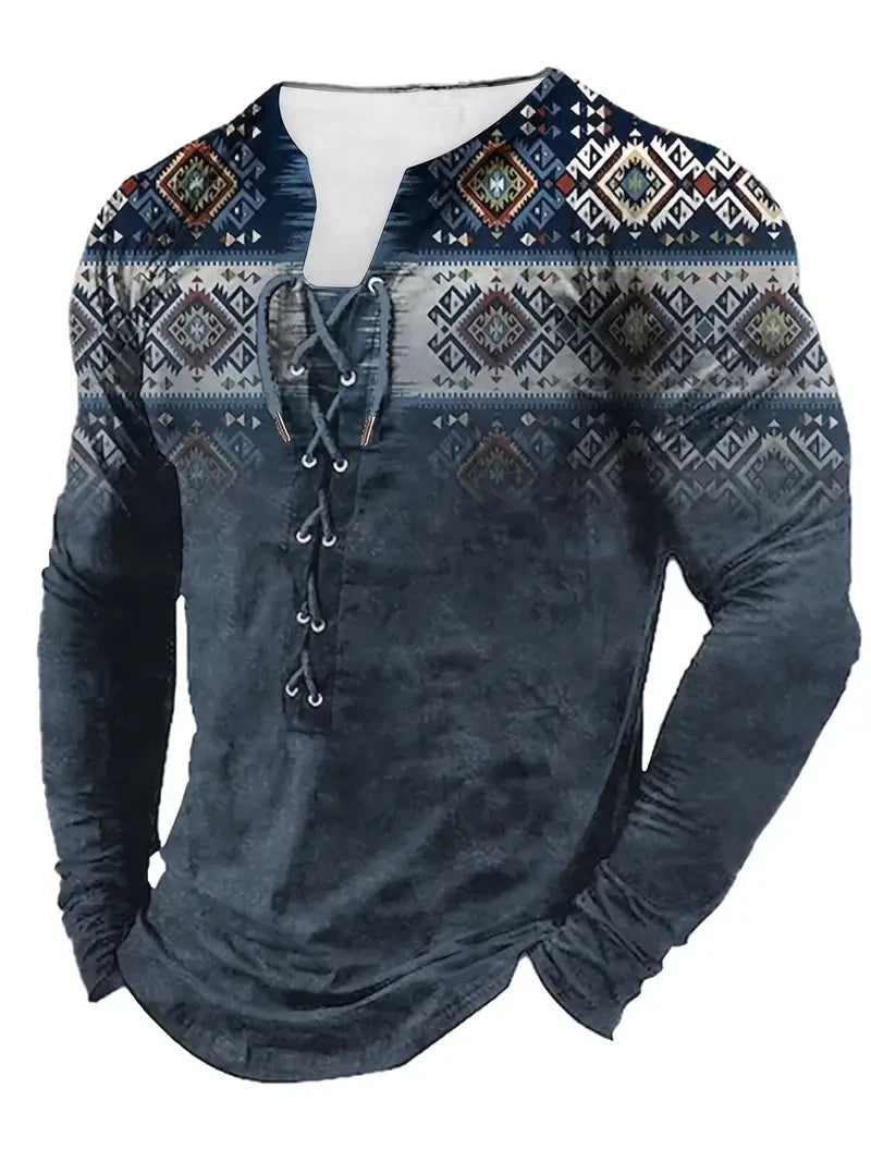 Ethnic Gradient Pattern Stylish Long Sleeve Henley Tee String Clothing Blue New