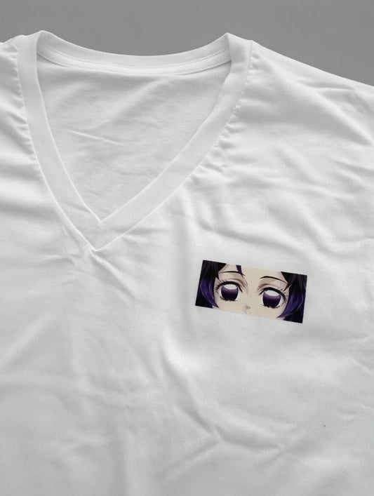 Shinobu SUBTLE Anime Graphic Print V-Neck T-Shirt White Jersey Short Sleeve M