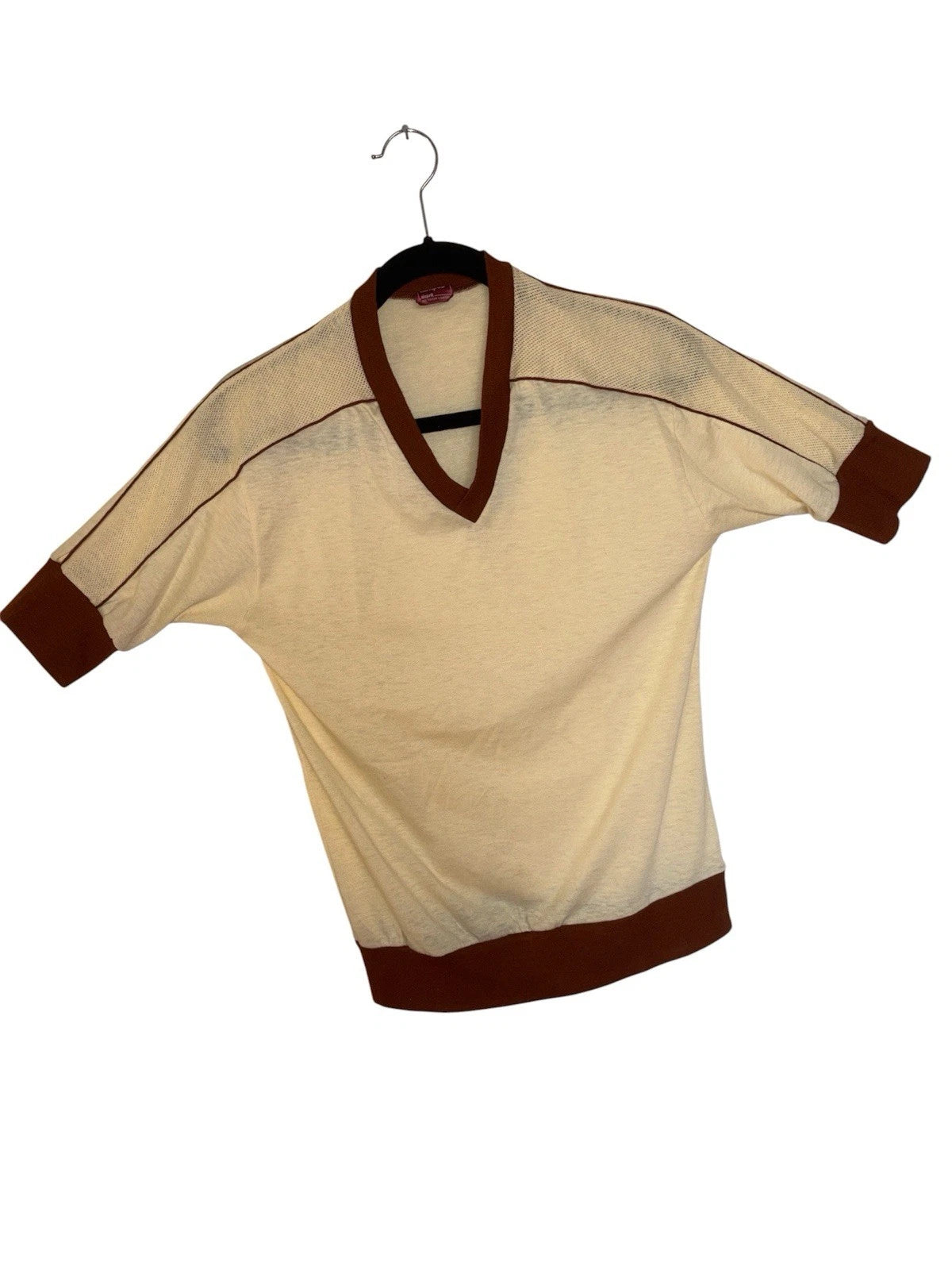Vintage Campus Espirit v neck Cream Brown Cotton T Shirt pullover Medium