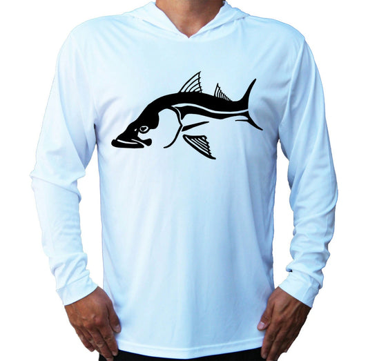 Fisherman Snook Fish On Protected UPF 50 Long Sleeve T-Shirt Hood Boat Fishing