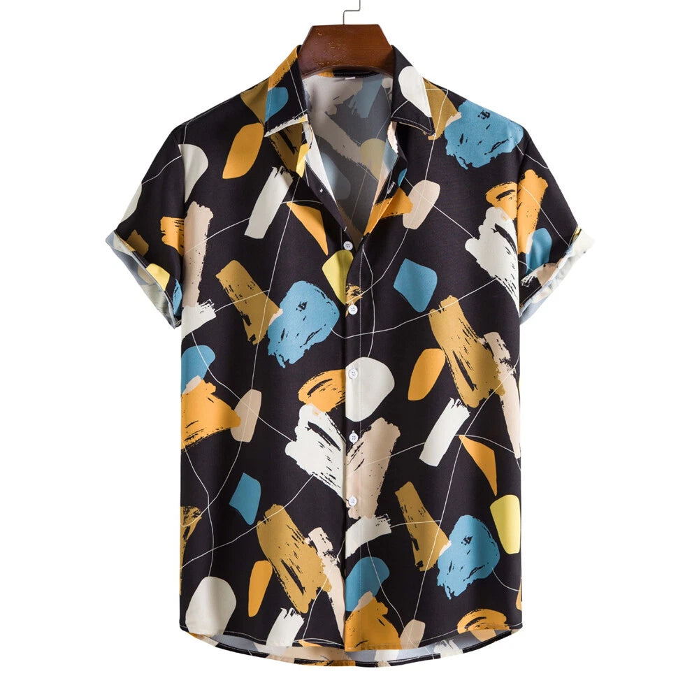Men's Graffiti Shirt Casual Slim Shirts Short Sleeve Button Down Tops Blouse