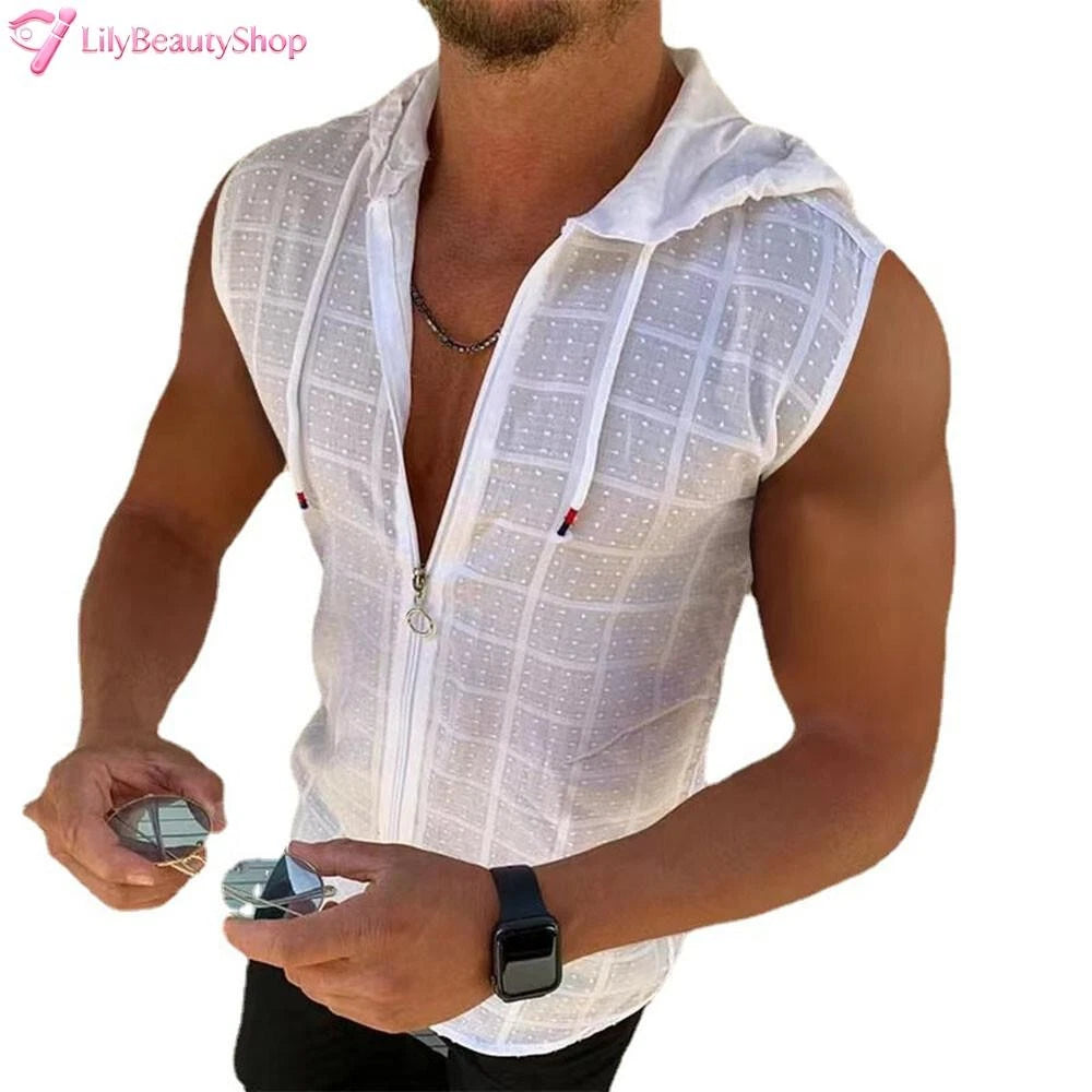 Men Zip-up Hoodie Tank Tops Gym Workout Bodybuilding Sleeveless Casual Vest