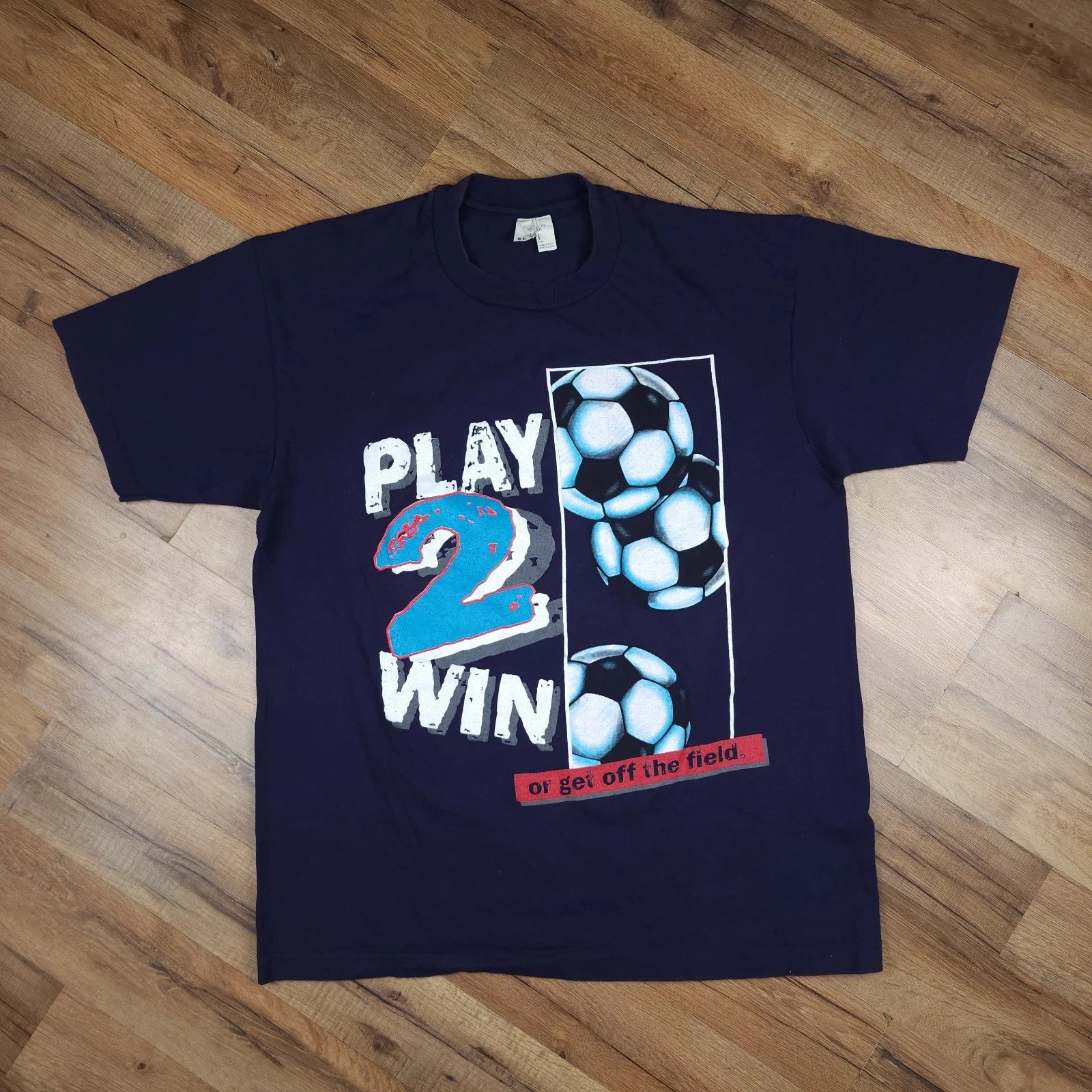 Vintage Soccer T-Shirt Mens XL Navy Play 2 Win Graphic Made in USA 90s