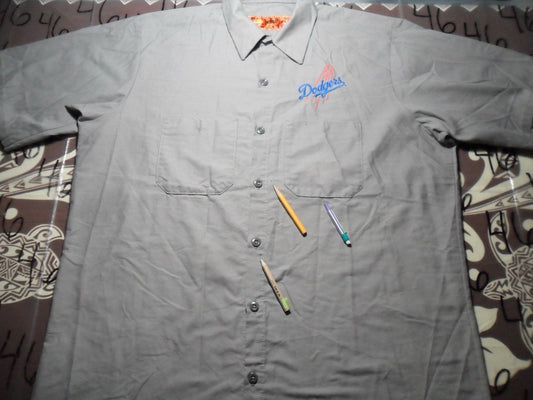 Large Dodgers Redcap Workwear Light Gray Button Damaged Shirt