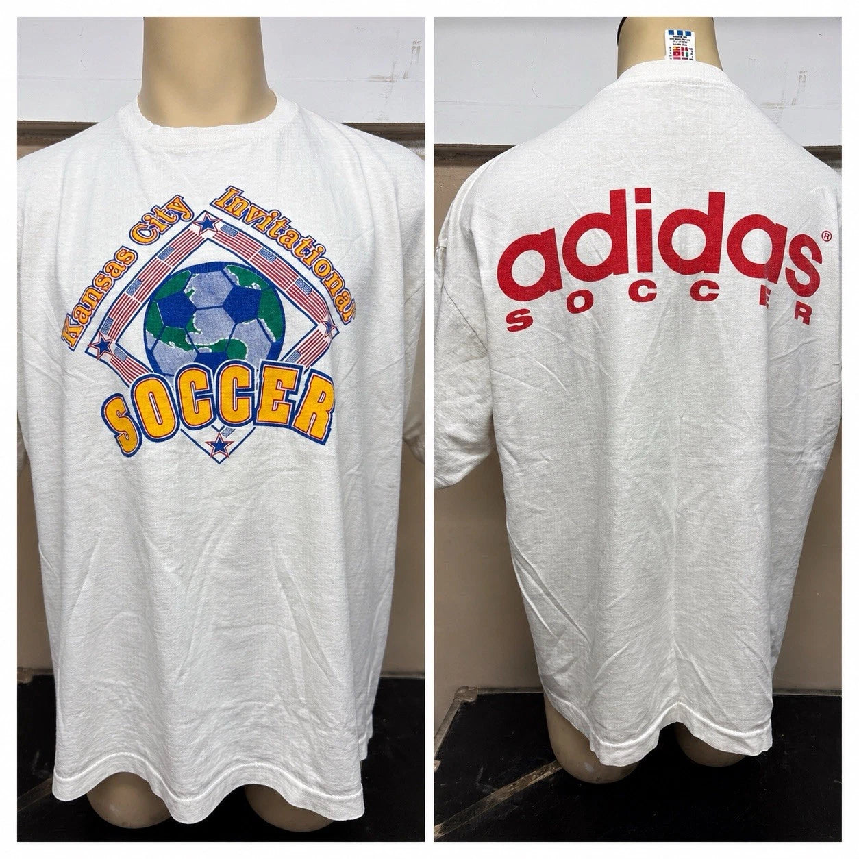 VTG Shirt Men XL White 90s Adidas Soccer USA FIFA ⚽️ Kansas City Invitational SS