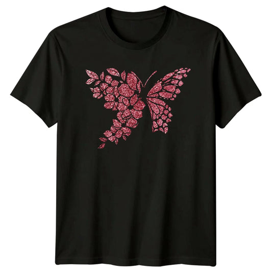 Sparkling Floral Butterfly Design Womens T-Shirt Glitter Design Nature Fashion