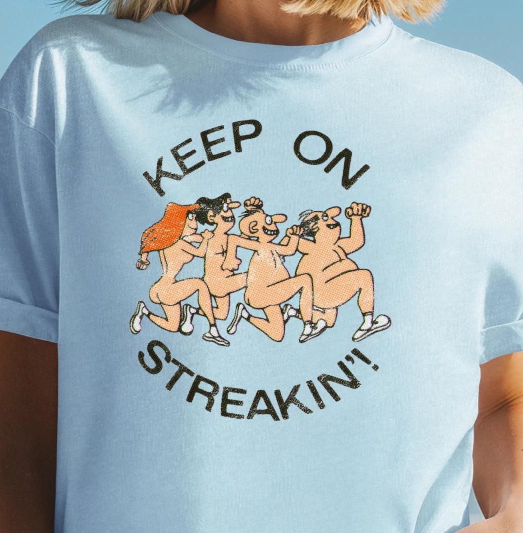 Keep On Streakin' T-shirt | Funny Retro Nudist Tee, Naturist Shirt, Runner Top