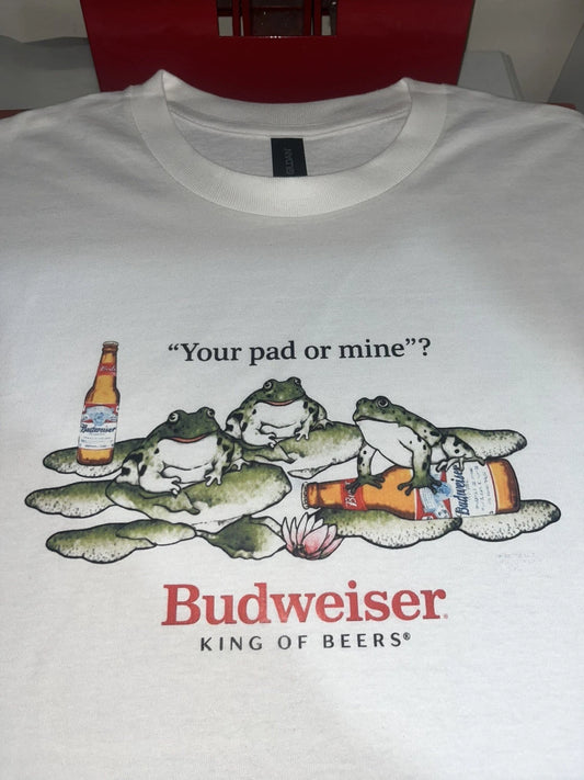 Budweiser Beer King of Beers Your Pad Or Mine Frog T-shirt Unisex All Sizes NEW