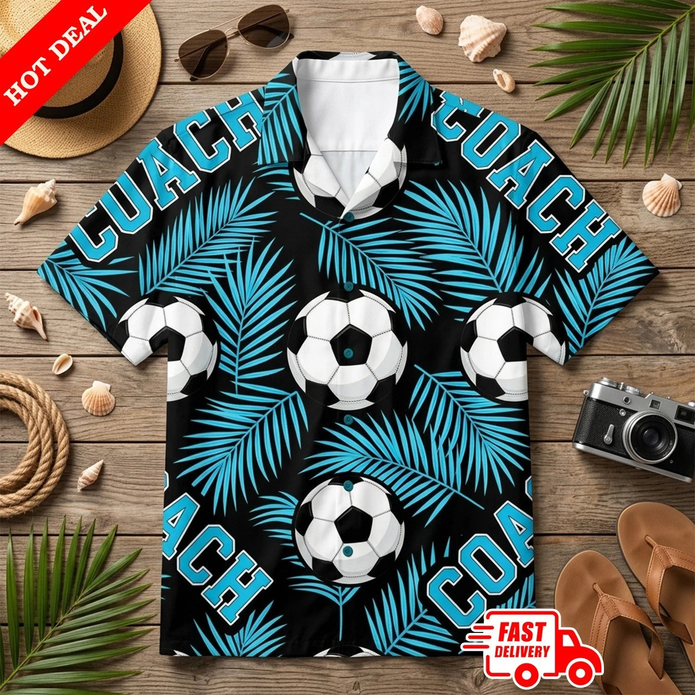 Soccer Coach Mens Blue Palm Leaf Hawaiian Shirt Button Down Short Sleeve Summer