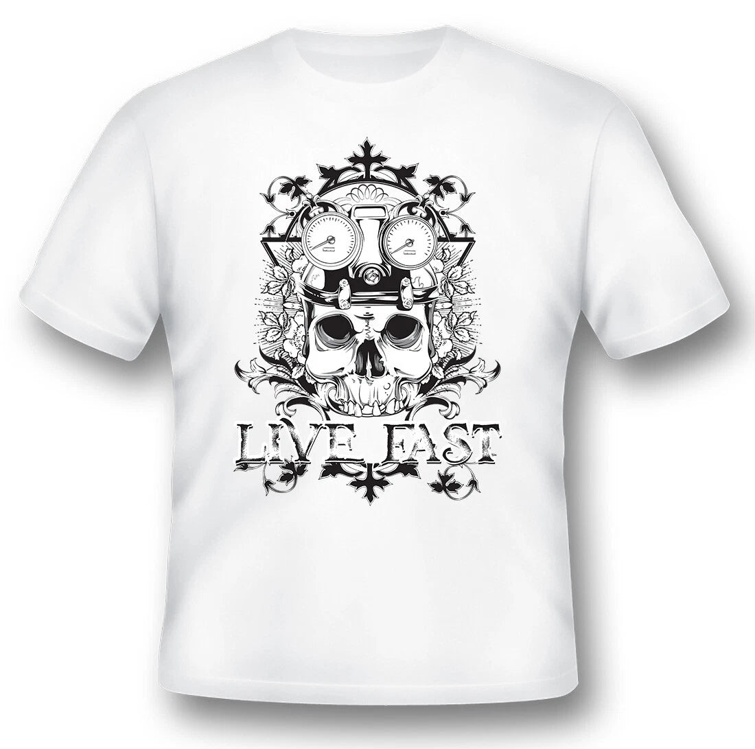 Live fast speedometer and skulls biker black or white tee shirt motorcycle