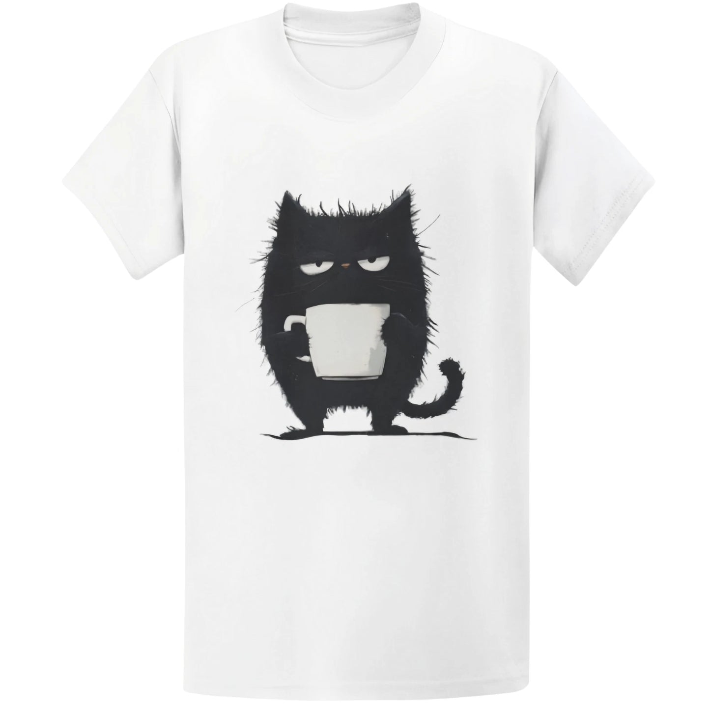 Gildan 5000 Grumpy Black Cat Coffee T-Shirt - Kawaii Tired Cat Lover Gift Tee
