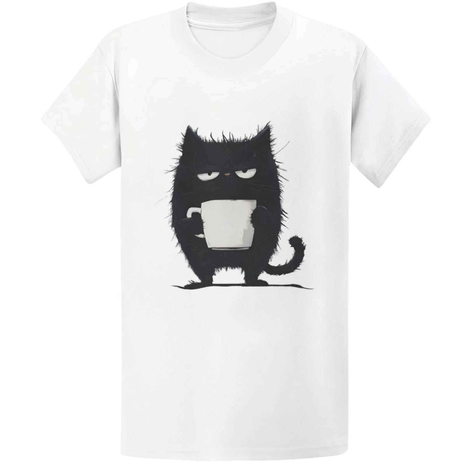 Gildan 5000 Grumpy Black Cat Coffee T-Shirt - Kawaii Tired Cat Lover Gift Tee