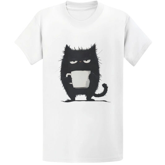 Gildan 5000 Grumpy Black Cat Coffee T-Shirt - Kawaii Tired Cat Lover Gift Tee
