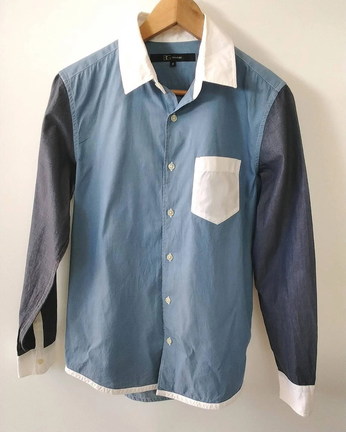 BG Bi:Dzi Japan Color Block Long Sleeve Button Up Dress Shirt Blue Gray Men's M
