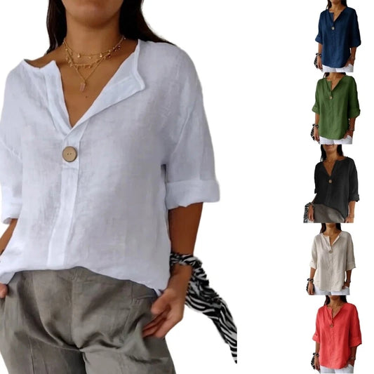3/4 Length Sleeve Womens Tops Fashion Casual Blouses Cotton Linen V neck T Shirt