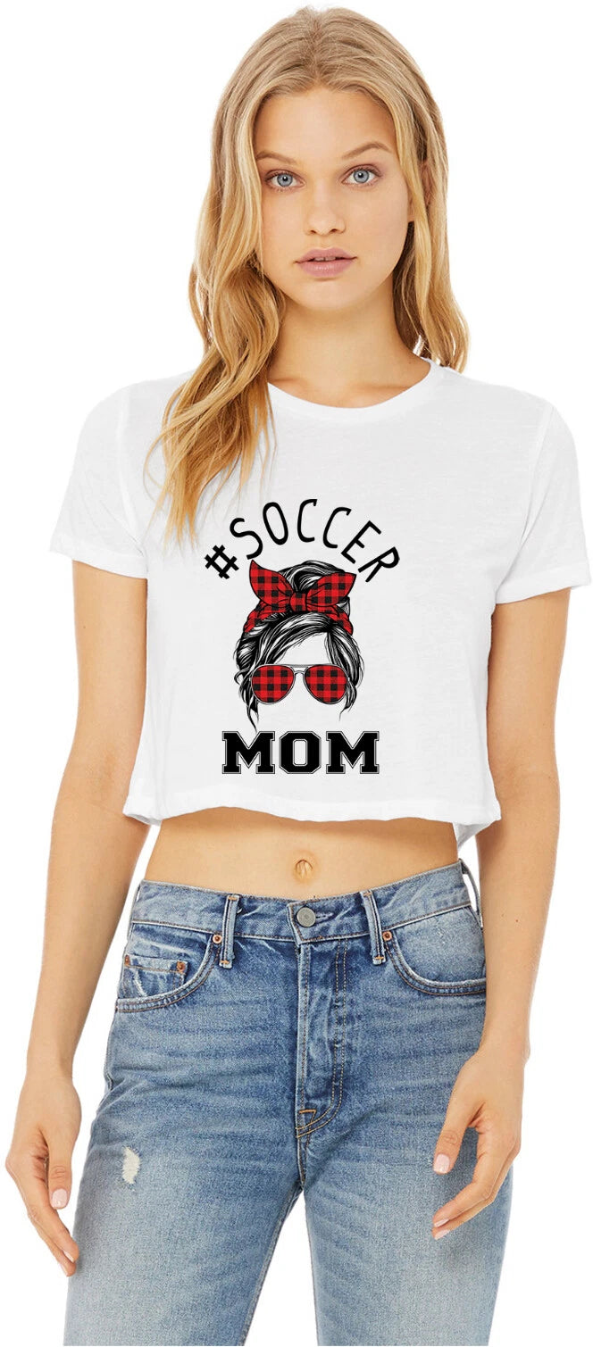 Mom Bun Soccer Mom Red Plaid Headband Womens Crop T-Shirt