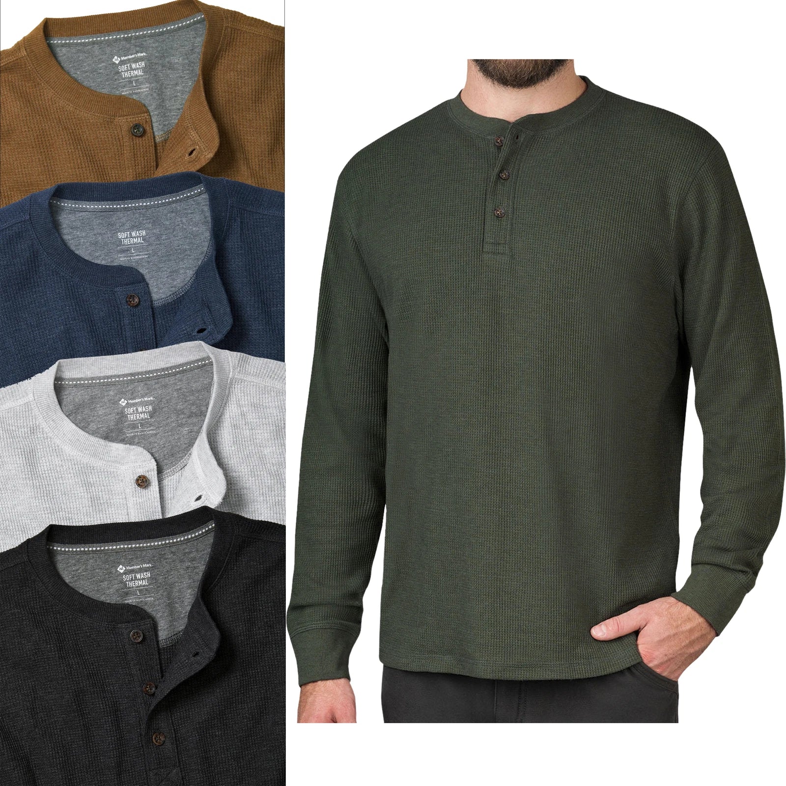Mens Thermal Henley Long Sleeve T-Shirt Grandad Cuff Tee Warm Waffle Knit Winter