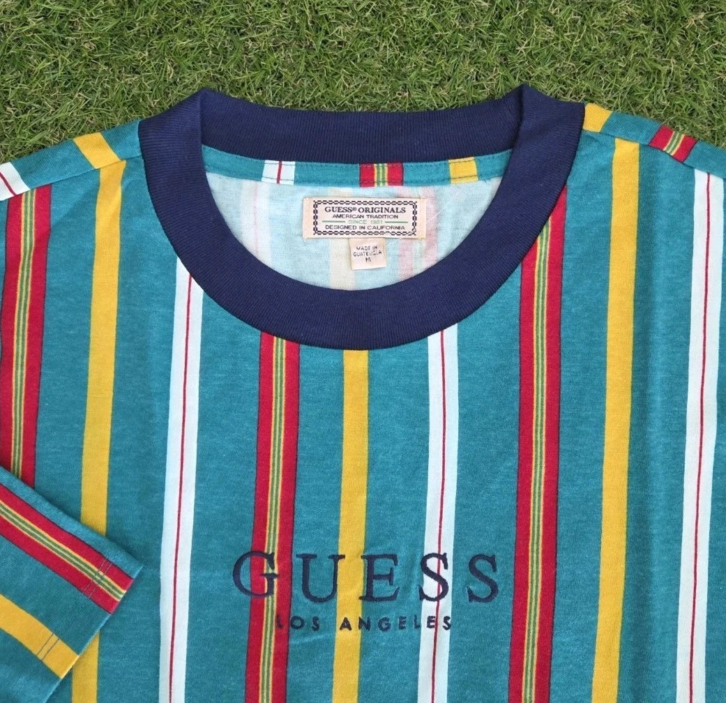 Guess Originals Shirt Men’s Size Medium Green Striped Spellout Short Sleeve NWOT