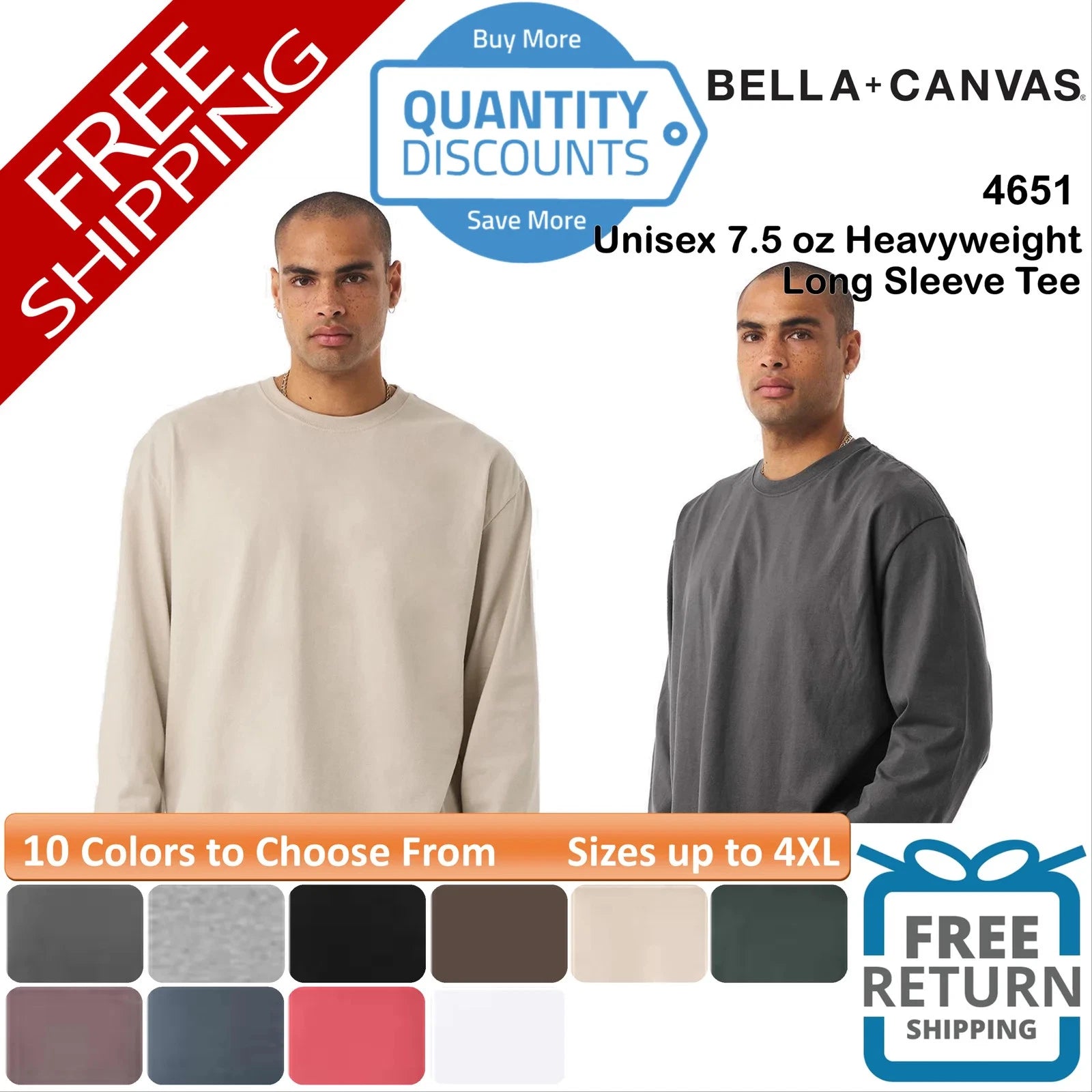🔥 BELLA + CANVAS Unisex 7.5 oz Heavyweight Long Sleeve Tee Shirt Up To 4XL 4651