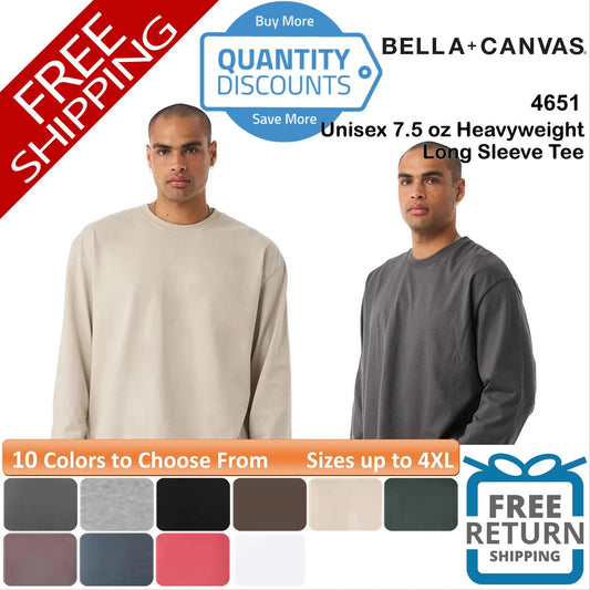 🔥 BELLA + CANVAS Unisex 7.5 oz Heavyweight Long Sleeve Tee Shirt Up To 4XL 4651