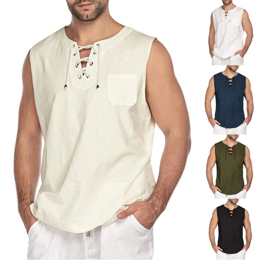 Mens Cotton Linen Sleeveless Lace Up Neck Tank Top T-Shirt