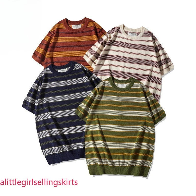 Retro Men's Amekaji Knitted Striped Tee-Shirts Casual Lyoce Short Sleeve Shirt