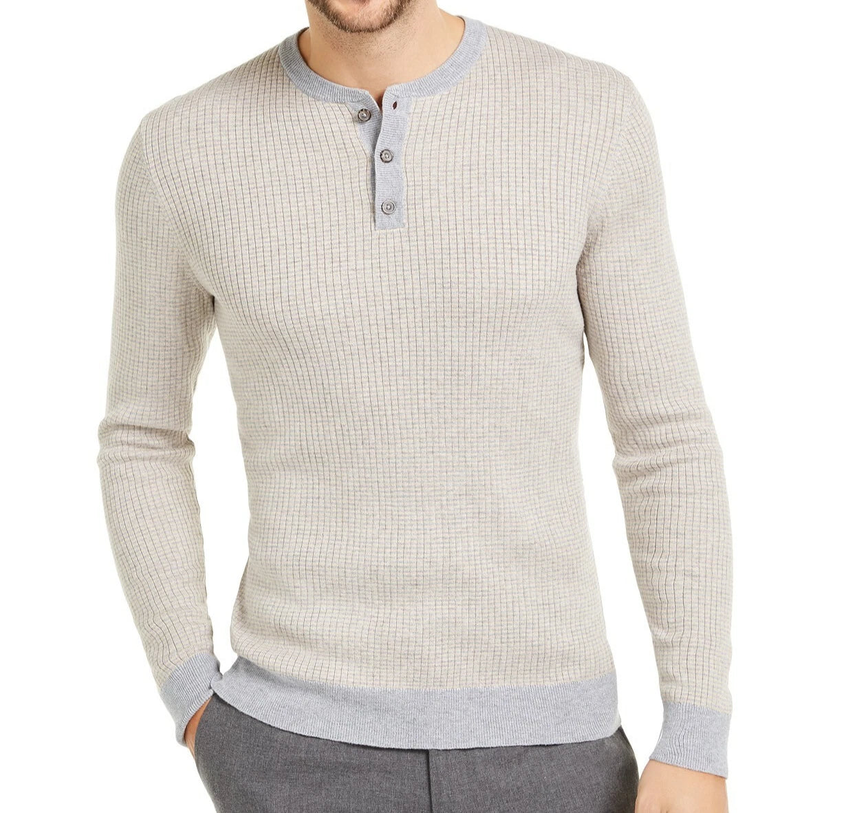 Tasso Elba Men's Luxe Striped Long-Sleeve Henley Shirt, Taupe Combo, XXL