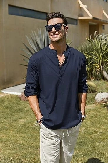 COOFANDY Men's Cotton Linen Henley T-Shirt Long Sleeve Hippie Casual Beach Blue